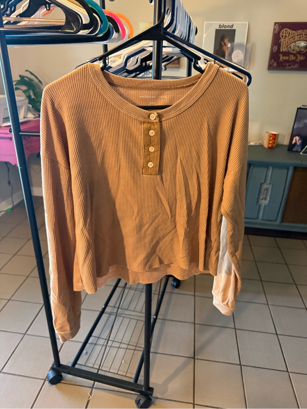 American Eagle Outfitters Camel Waffle-Knit Henley Long Sleeve Top